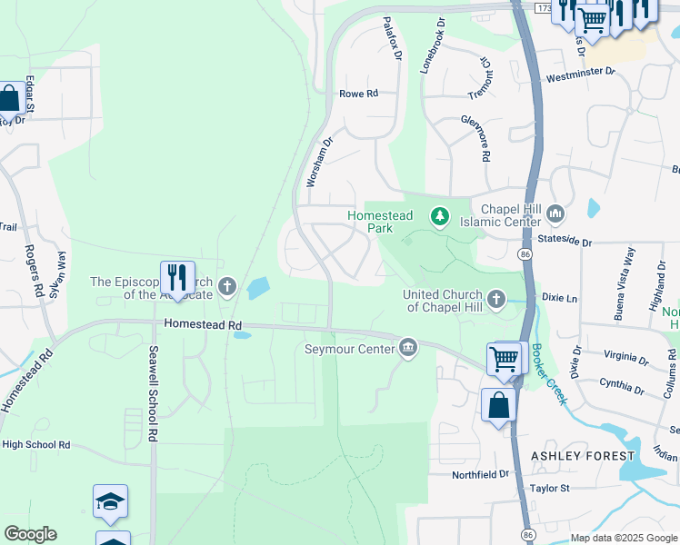 map of restaurants, bars, coffee shops, grocery stores, and more near 118 Cabernet Drive in Chapel Hill