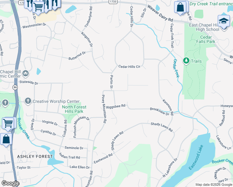 map of restaurants, bars, coffee shops, grocery stores, and more near 101 Martha Lane in Chapel Hill
