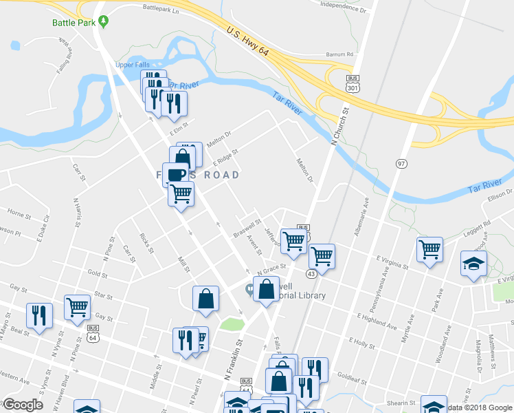 map of restaurants, bars, coffee shops, grocery stores, and more near 619 Jefferson St in Rocky Mt