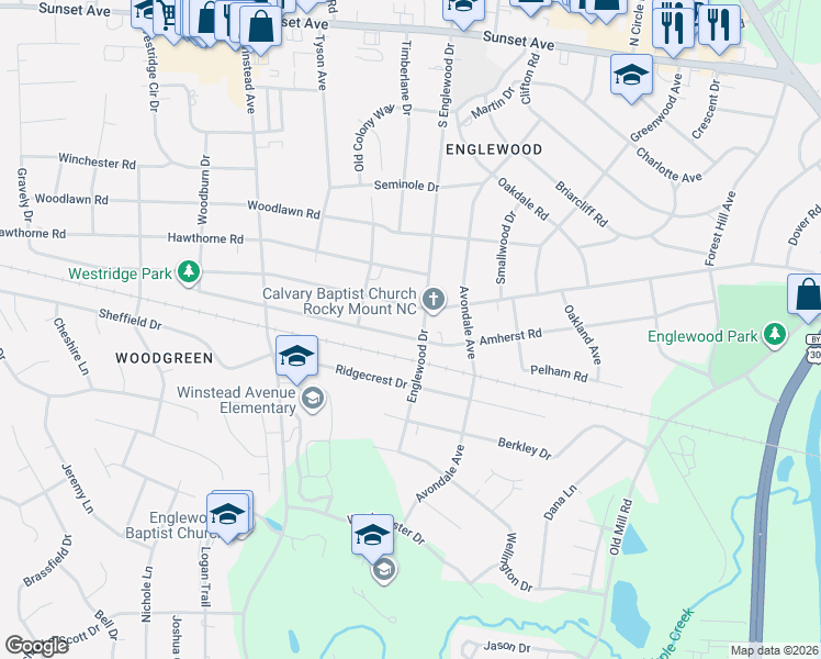 map of restaurants, bars, coffee shops, grocery stores, and more near 3100 Amherst Road in Rocky Mount