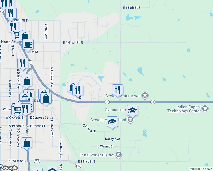 map of restaurants, bars, coffee shops, grocery stores, and more near 30318 East 144th Street in Coweta