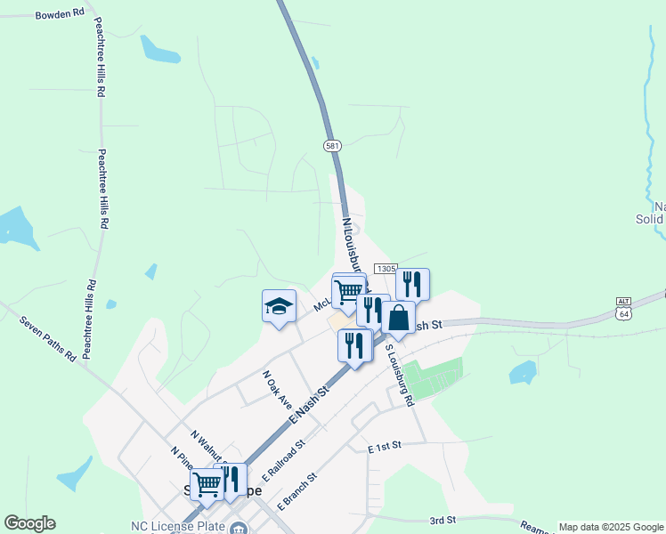 map of restaurants, bars, coffee shops, grocery stores, and more near South Louisburg Road in Spring Hope