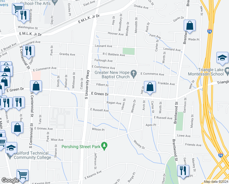 map of restaurants, bars, coffee shops, grocery stores, and more near 1401 East Green Drive in High Point