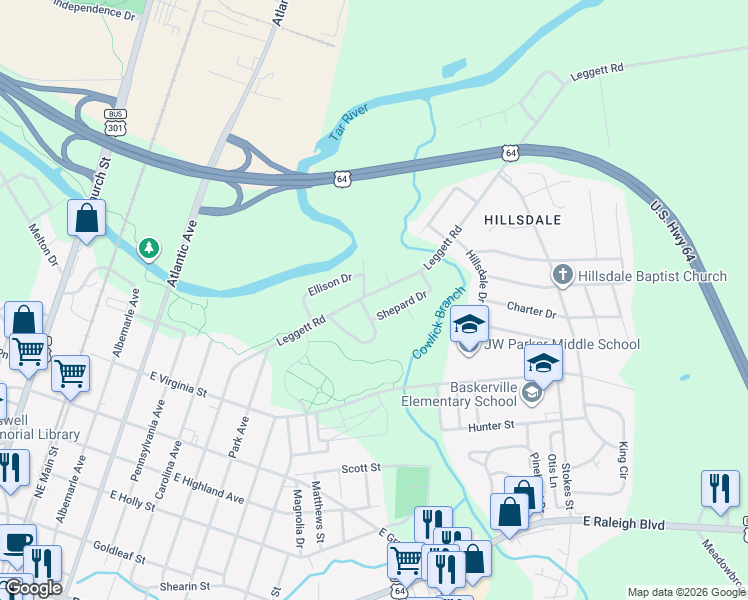 map of restaurants, bars, coffee shops, grocery stores, and more near 915-919 Shepard Drive in Rocky Mount