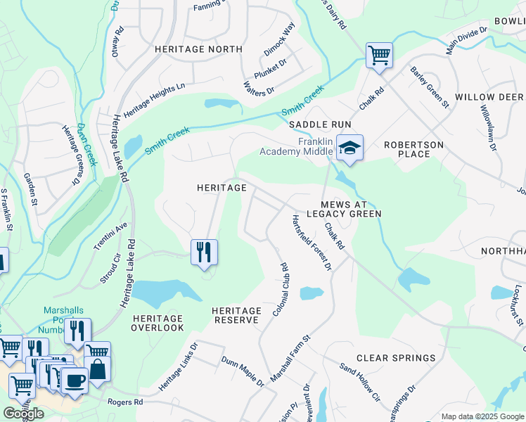 map of restaurants, bars, coffee shops, grocery stores, and more near 1215 FairView Club Drive in Wake Forest