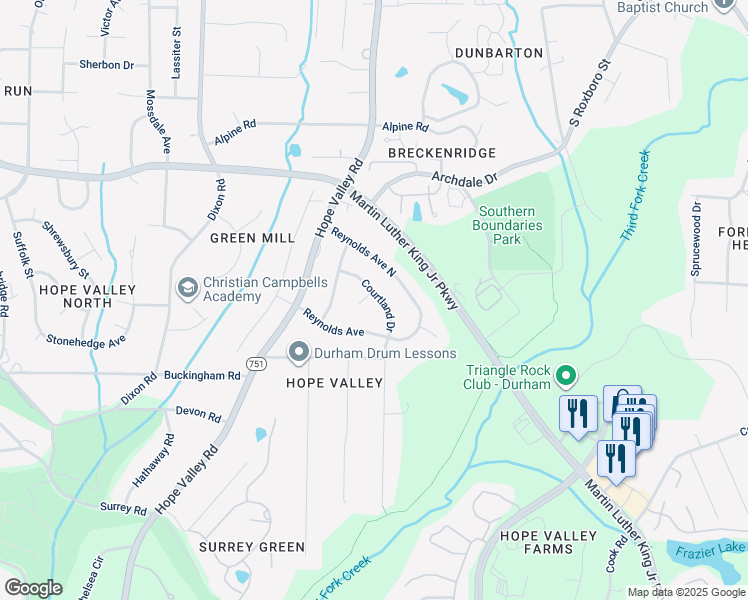 map of restaurants, bars, coffee shops, grocery stores, and more near 1 Druid Place in Durham