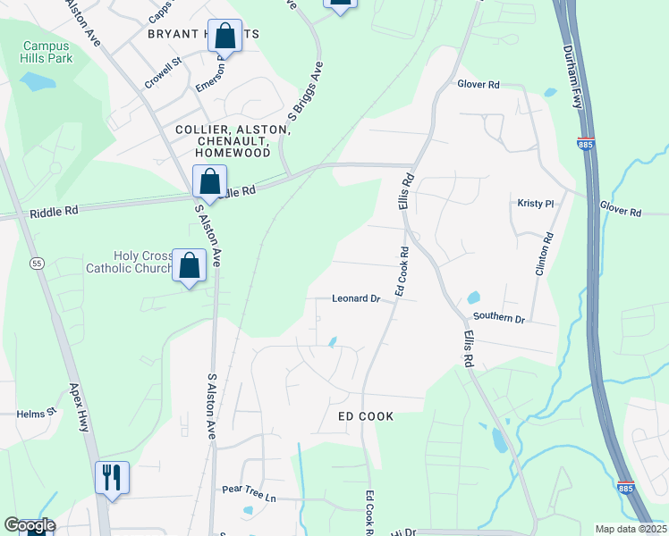 map of restaurants, bars, coffee shops, grocery stores, and more near 1900 Edgerton Drive in Durham