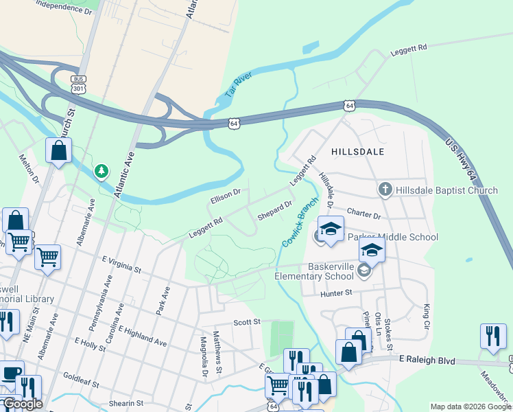 map of restaurants, bars, coffee shops, grocery stores, and more near 915-919 Shepard Drive in Rocky Mount