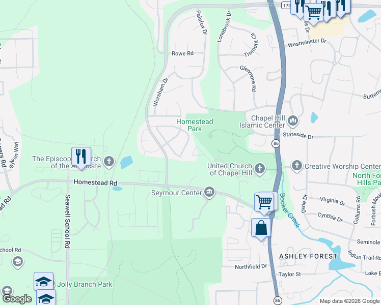 map of restaurants, bars, coffee shops, grocery stores, and more near 2516 Homestead Road in Chapel Hill