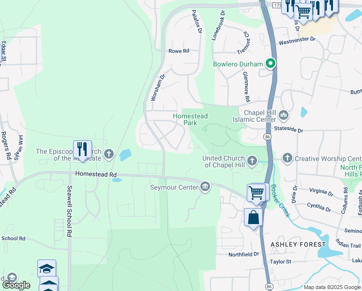 map of restaurants, bars, coffee shops, grocery stores, and more near 2516 Homestead Road in Chapel Hill
