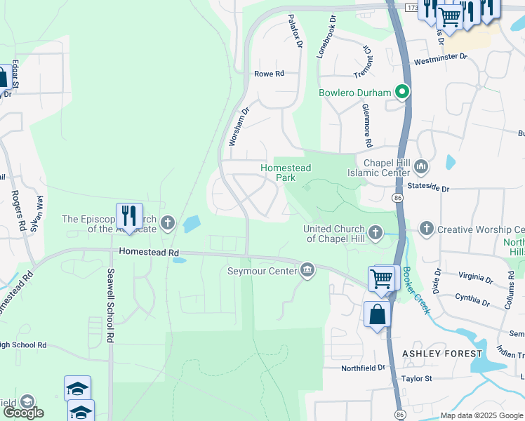 map of restaurants, bars, coffee shops, grocery stores, and more near 120 Cabernet Drive in Chapel Hill