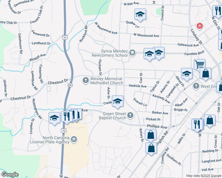 map of restaurants, bars, coffee shops, grocery stores, and more near 511 Spruce Street in High Point