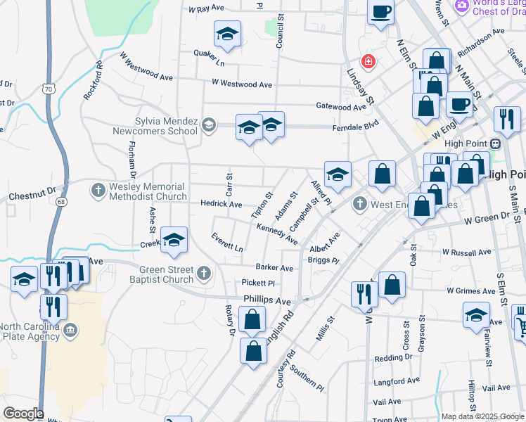 map of restaurants, bars, coffee shops, grocery stores, and more near 1201 Tipton Street in High Point