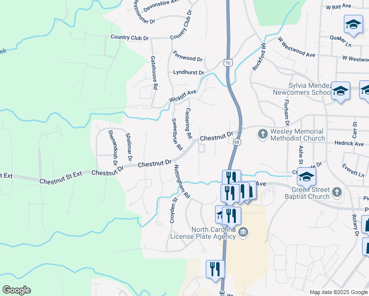 map of restaurants, bars, coffee shops, grocery stores, and more near 1012 Sweetbriar Road in High Point