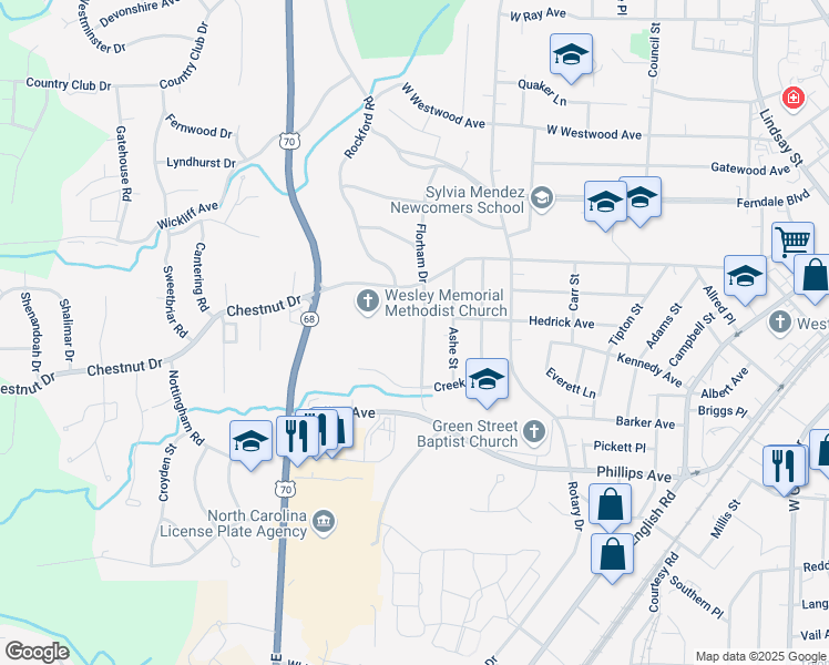 map of restaurants, bars, coffee shops, grocery stores, and more near 510 Florham Drive in High Point