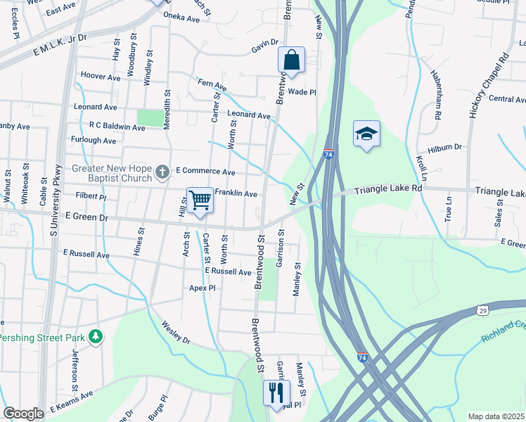 map of restaurants, bars, coffee shops, grocery stores, and more near 1148 Brentwood Street in High Point