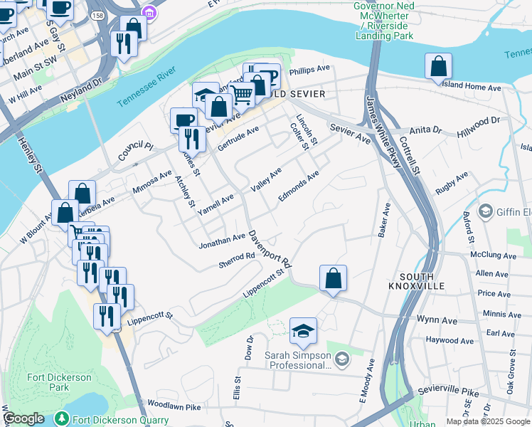 map of restaurants, bars, coffee shops, grocery stores, and more near 912 Kingland Avenue in Knoxville