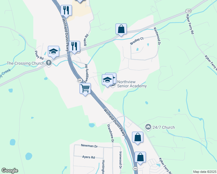 map of restaurants, bars, coffee shops, grocery stores, and more near 2719 Northview Academy Lane in Kodak