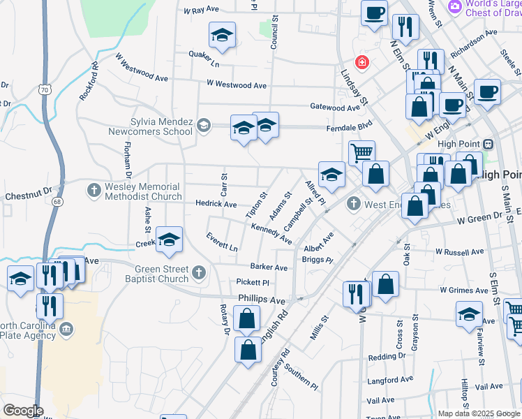 map of restaurants, bars, coffee shops, grocery stores, and more near 1207 Tipton Street in High Point