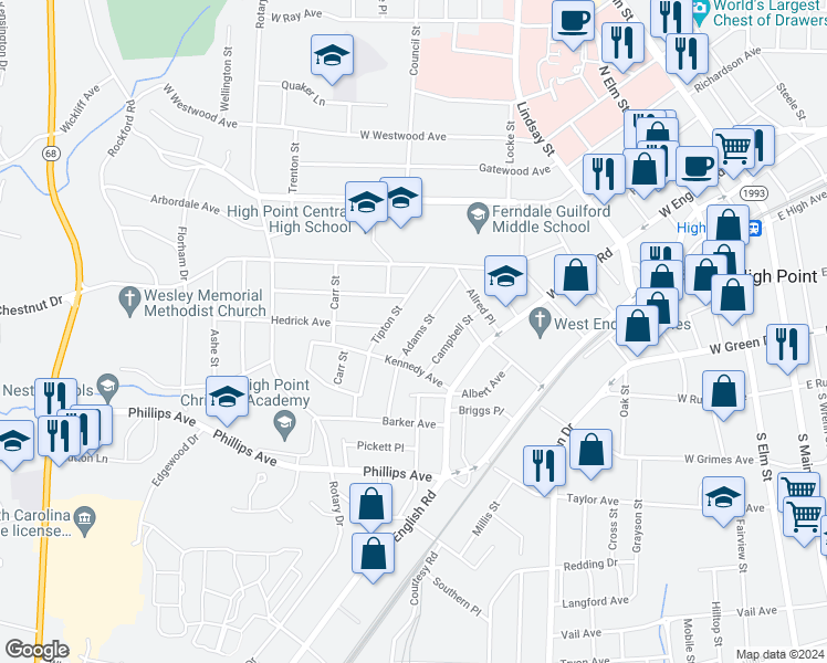 map of restaurants, bars, coffee shops, grocery stores, and more near 1116 Adams Street in High Point