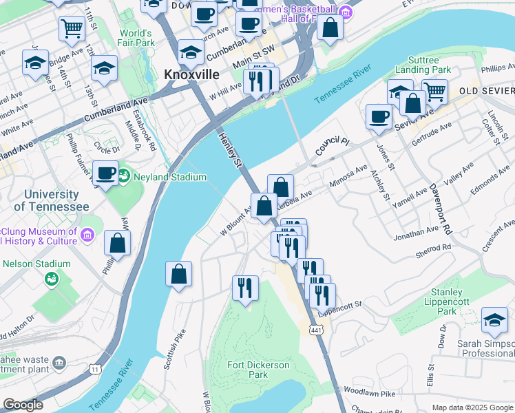 map of restaurants, bars, coffee shops, grocery stores, and more near 316 West Blount Avenue in Knoxville