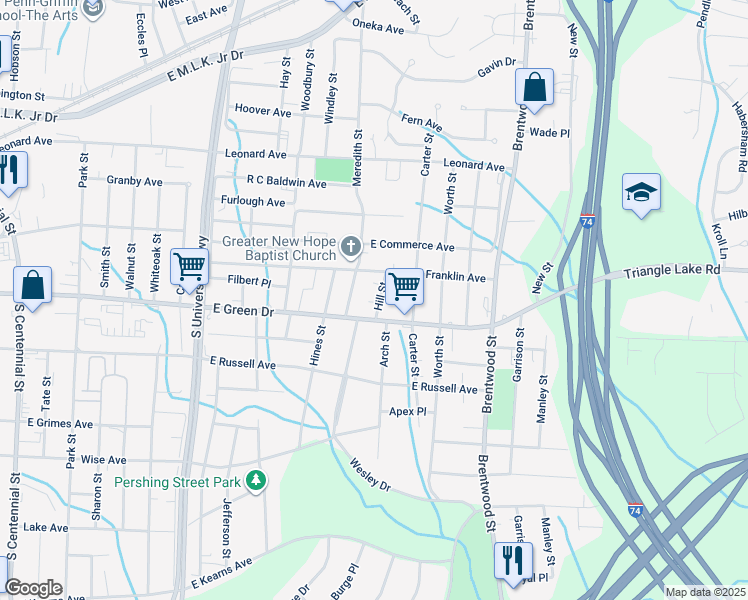 map of restaurants, bars, coffee shops, grocery stores, and more near 514 Hill Street in High Point