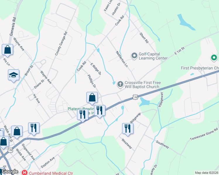 map of restaurants, bars, coffee shops, grocery stores, and more near 1045 East 1st Street in Crossville