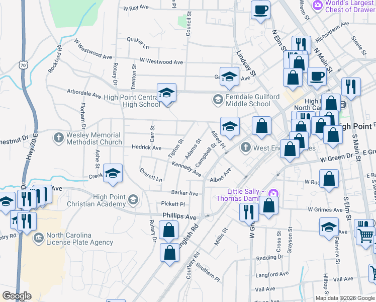 map of restaurants, bars, coffee shops, grocery stores, and more near 1116 Adams Street in High Point