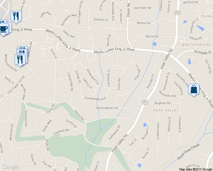 map of restaurants, bars, coffee shops, grocery stores, and more near 3704 Colchester Street in Durham