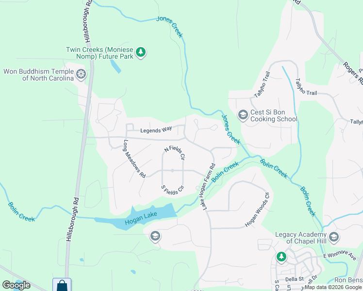 map of restaurants, bars, coffee shops, grocery stores, and more near 113 North Fields Circle in Chapel Hill