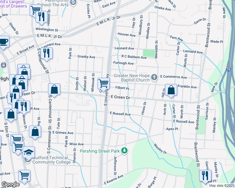map of restaurants, bars, coffee shops, grocery stores, and more near 1213 East Green Drive in High Point