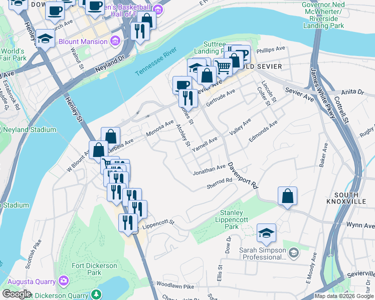map of restaurants, bars, coffee shops, grocery stores, and more near 520 Yarnell Avenue in Knoxville