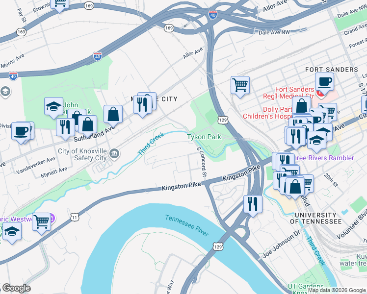 map of restaurants, bars, coffee shops, grocery stores, and more near 2729 Jersey Avenue in Knoxville