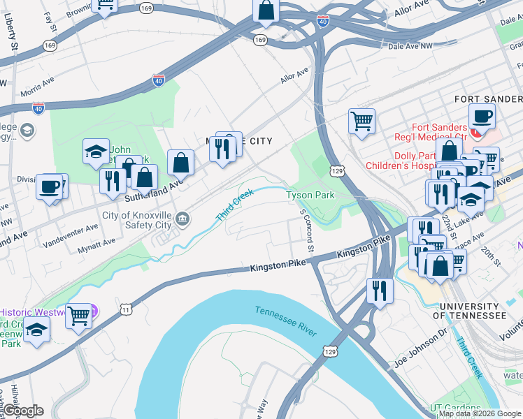 map of restaurants, bars, coffee shops, grocery stores, and more near 2815 Jersey Avenue in Knoxville