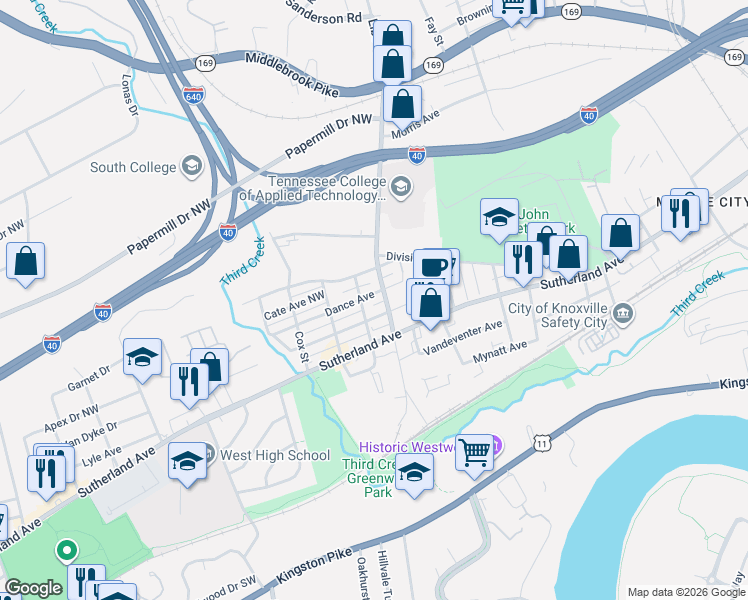 map of restaurants, bars, coffee shops, grocery stores, and more near 3509 Reagan Avenue Northwest in Knoxville