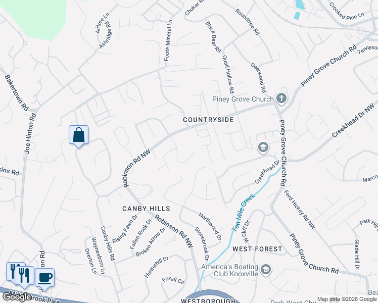 map of restaurants, bars, coffee shops, grocery stores, and more near 2113 Pine Meade Road in Knoxville