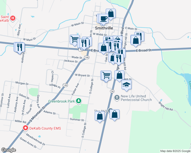map of restaurants, bars, coffee shops, grocery stores, and more near 113 East Bryant Street in Smithville
