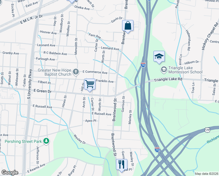 map of restaurants, bars, coffee shops, grocery stores, and more near 2207 East Green Drive in High Point
