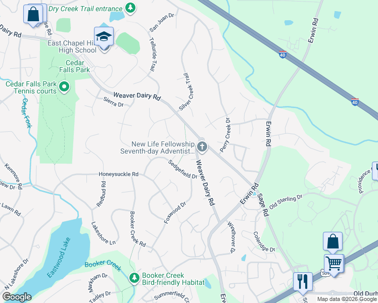 map of restaurants, bars, coffee shops, grocery stores, and more near 173 Weaver Dairy Road in Chapel Hill