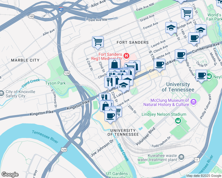 map of restaurants, bars, coffee shops, grocery stores, and more near 2511 Cumberland Avenue in Knoxville