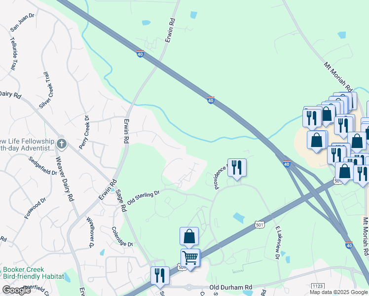 map of restaurants, bars, coffee shops, grocery stores, and more near 411 Englewood Drive in Chapel Hill