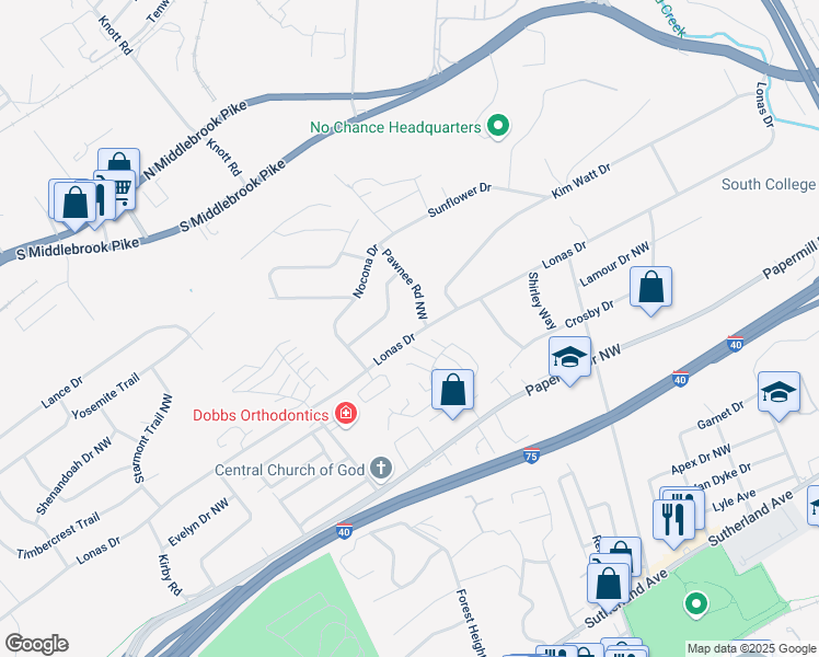 map of restaurants, bars, coffee shops, grocery stores, and more near 4705 Lonas Drive in Knoxville