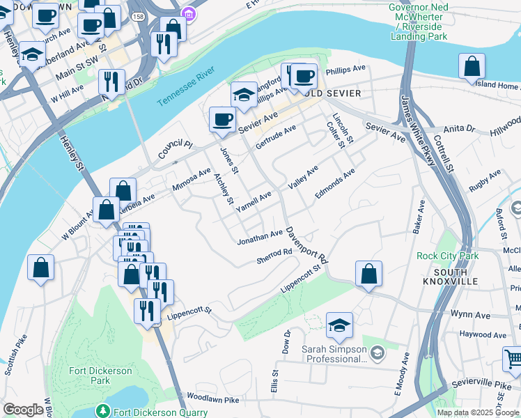 map of restaurants, bars, coffee shops, grocery stores, and more near 501 High Avenue in Knoxville