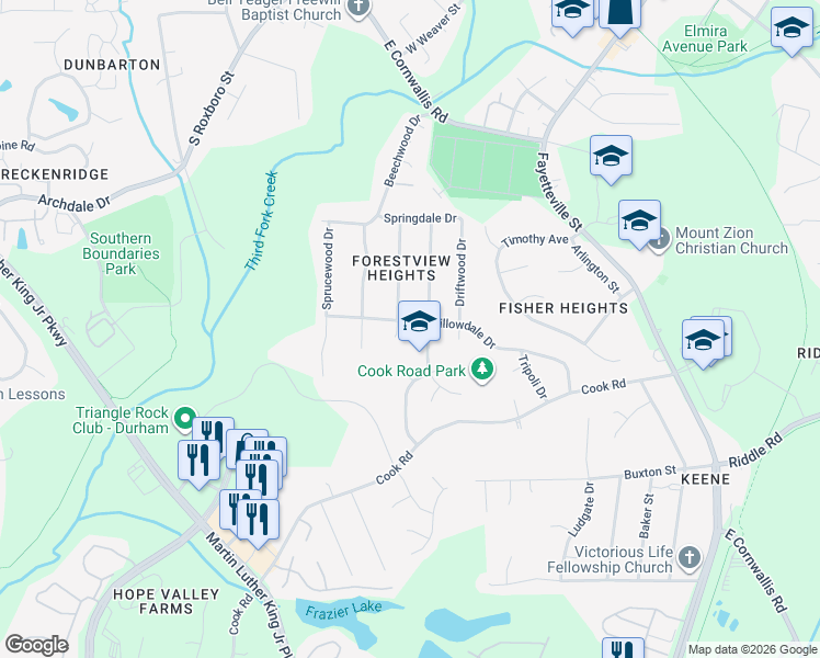 map of restaurants, bars, coffee shops, grocery stores, and more near 1004 Willowdale Drive in Durham