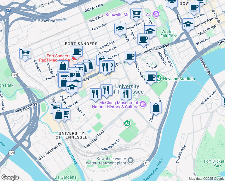 map of restaurants, bars, coffee shops, grocery stores, and more near 1720 Melrose Place in Knoxville