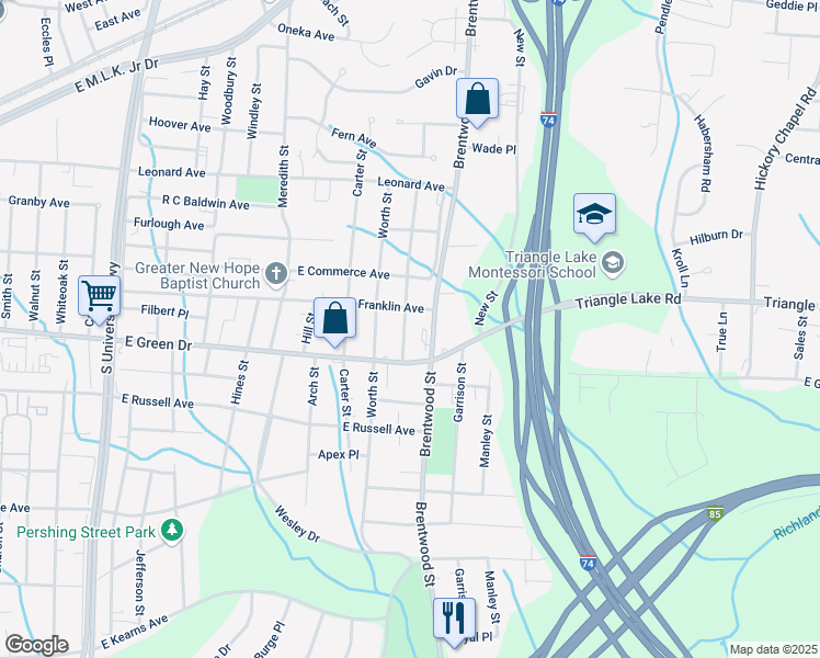 map of restaurants, bars, coffee shops, grocery stores, and more near 1109 Winslow Street in High Point