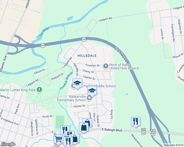 map of restaurants, bars, coffee shops, grocery stores, and more near 1549 Charter Drive in Rocky Mount