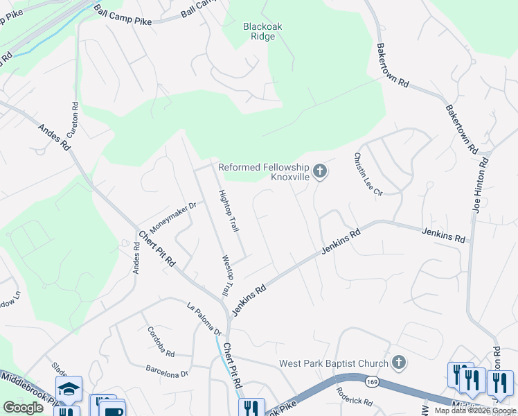 map of restaurants, bars, coffee shops, grocery stores, and more near 7904 Queenborough Lane in Knoxville