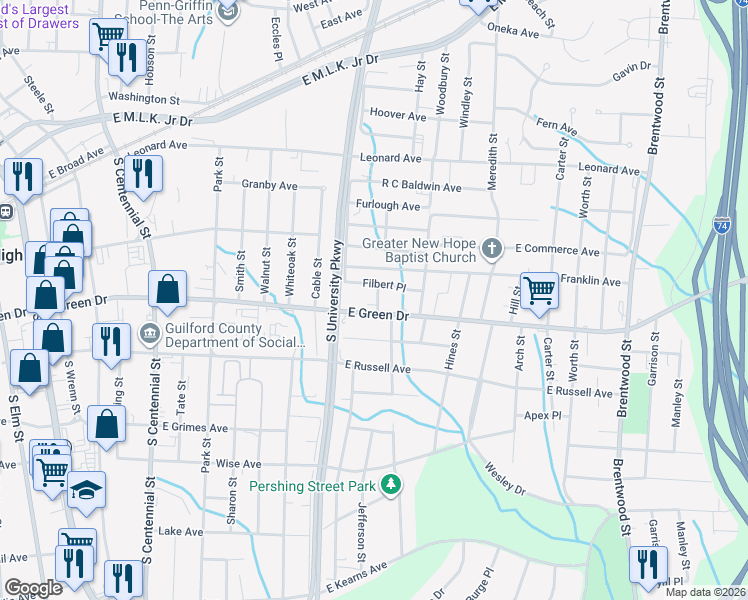 map of restaurants, bars, coffee shops, grocery stores, and more near 1214 East Green Drive in High Point