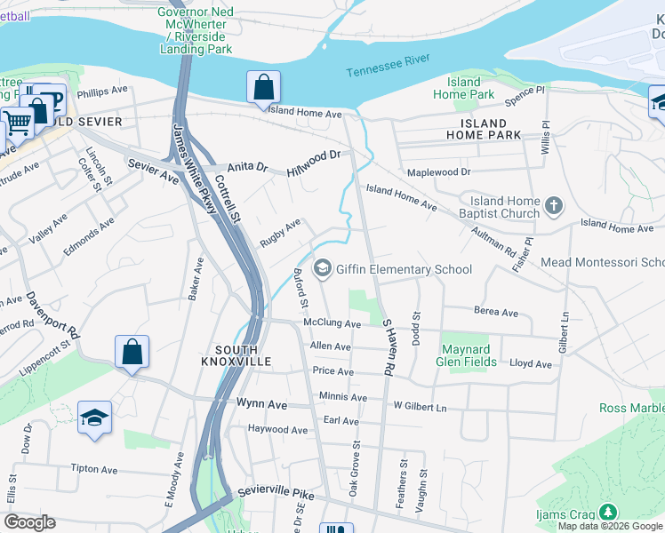 map of restaurants, bars, coffee shops, grocery stores, and more near 1834 Beech Street Southeast in Knoxville